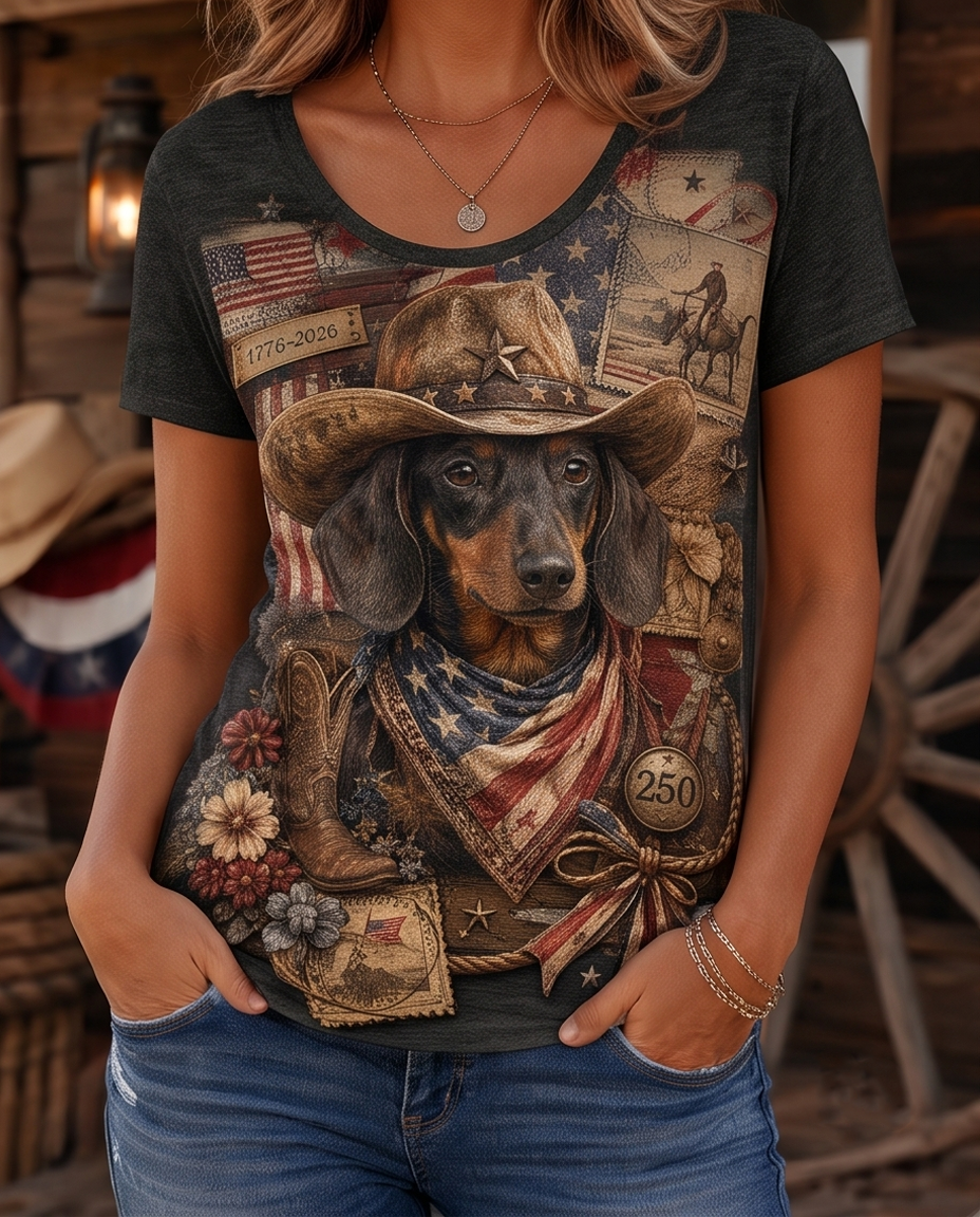 USA 250th Anniversary Patriotic Dachshund Cowboy Women's V-Neck Graphic T-Shirt