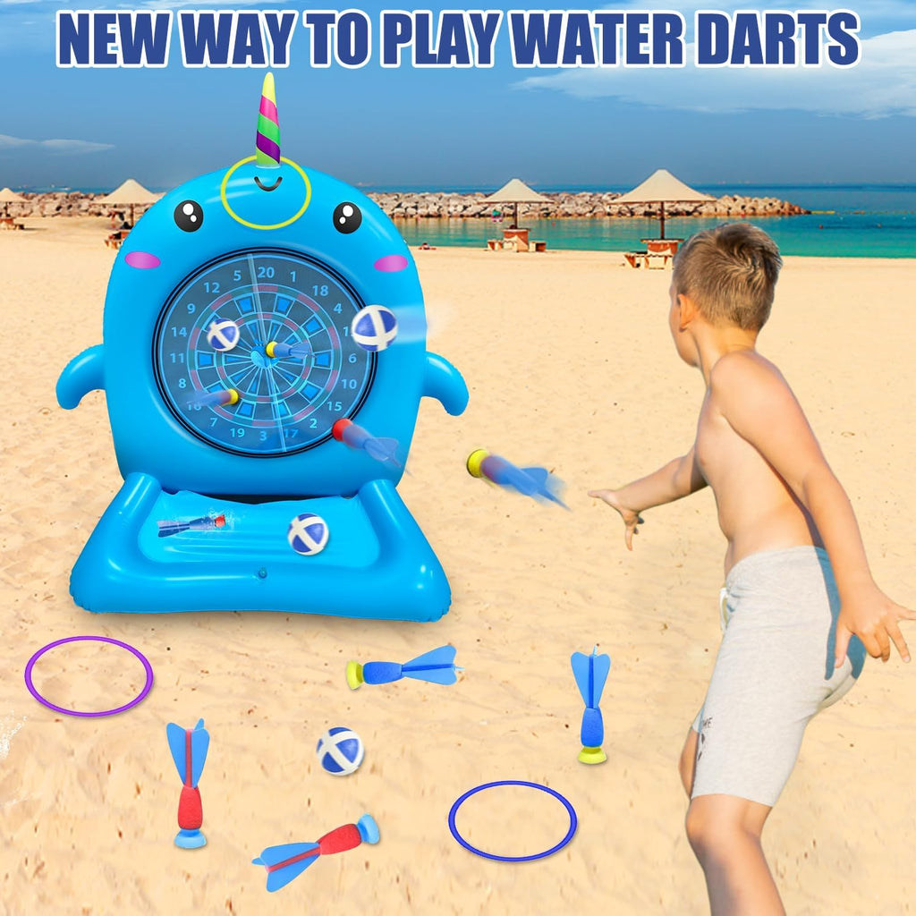 Dollox Kids Swimming Pool Toys - 45" Large Inflatable Floating Dart Board Water Game, Cute Dolphin Inflatable Toys for Indoor & Outdoor Play, Fun Summer Family Party Gift for 3+ Years Old