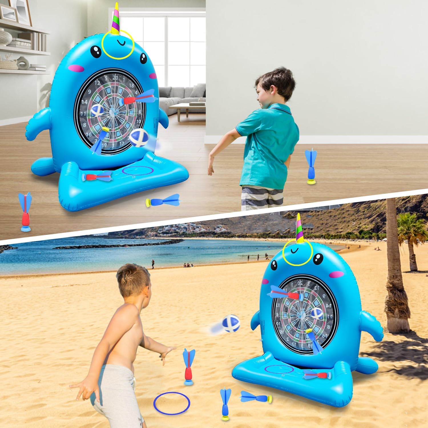 Dollox Kids Swimming Pool Toys - 45" Large Inflatable Floating Dart Board Water Game, Cute Dolphin Inflatable Toys for Indoor & Outdoor Play, Fun Summer Family Party Gift for 3+ Years Old