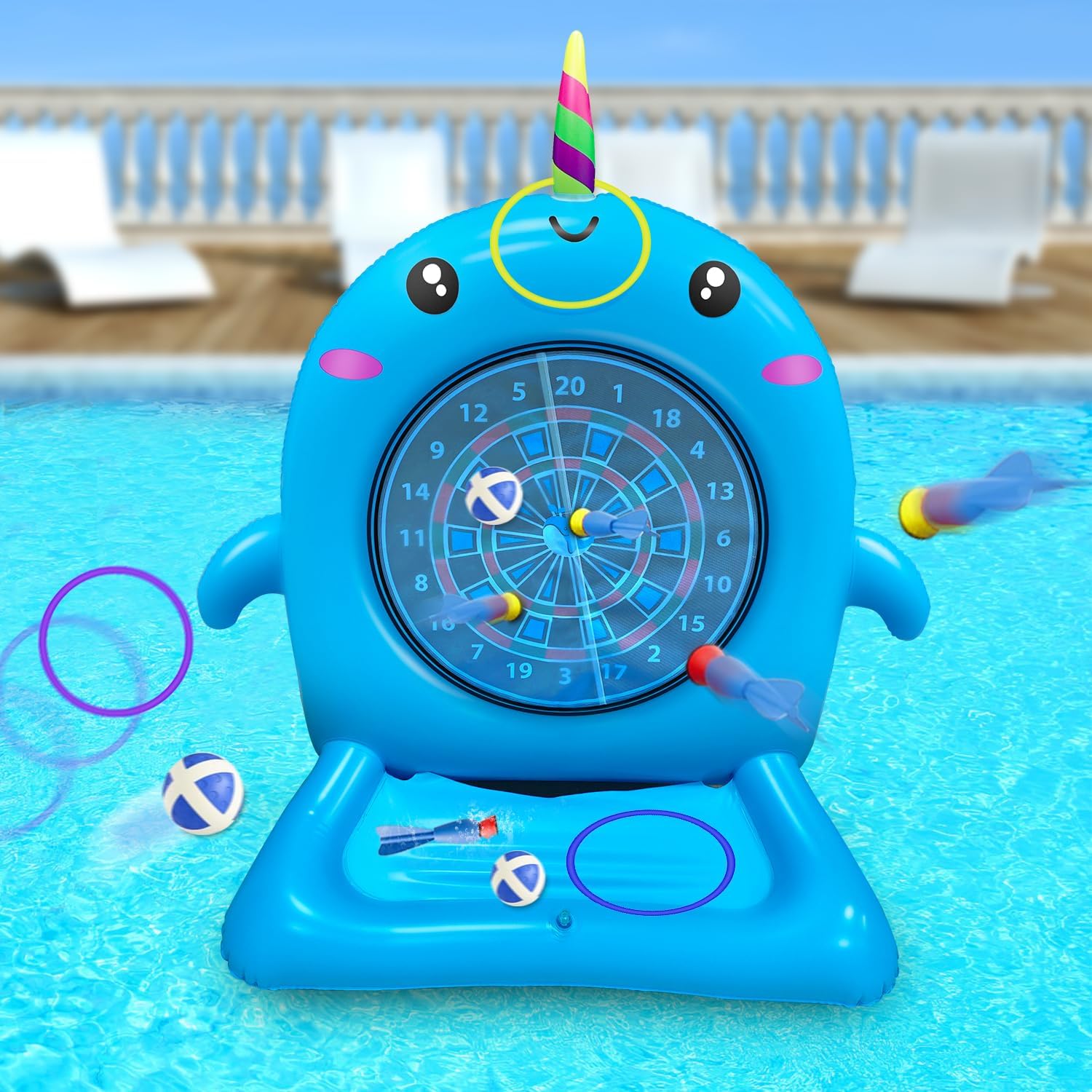Dollox Kids Swimming Pool Toys - 45" Large Inflatable Floating Dart Board Water Game, Cute Dolphin Inflatable Toys for Indoor & Outdoor Play, Fun Summer Family Party Gift for 3+ Years Old