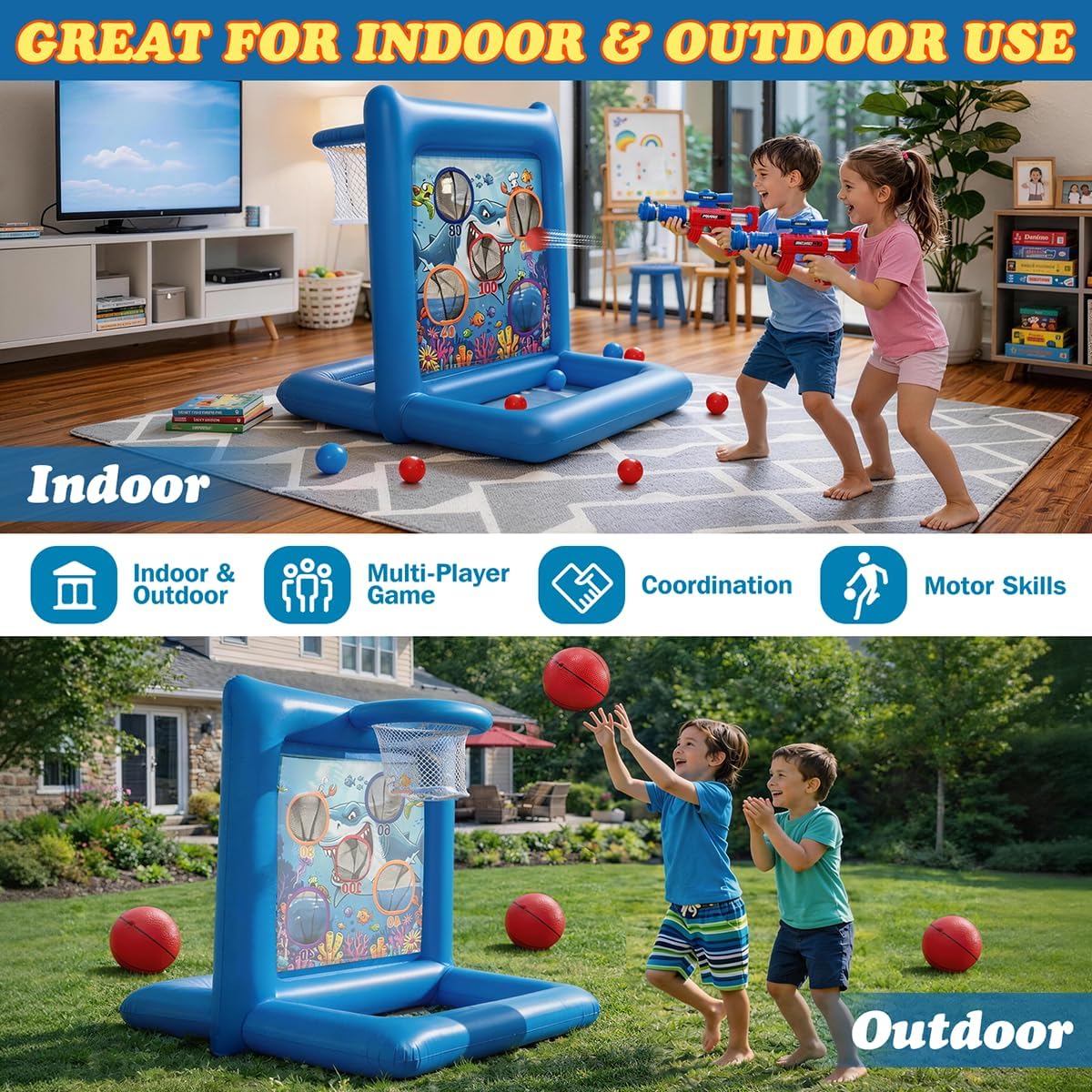 Pool Toys Games for Kids&Adults, 2-in-1 Pool Basketball Hoop with Shooting Target Game & with 2 Blasters, 40 Foam Balls, 4 Basketballs, Summer Outdoor Water Toys, Pool Party Lawn Backyard Games-Blue