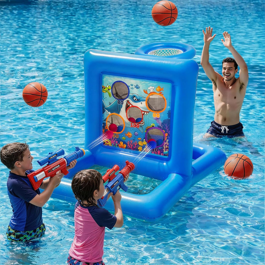 Pool Toys Games for Kids&Adults, 2-in-1 Pool Basketball Hoop with Shooting Target Game & with 2 Blasters, 40 Foam Balls, 4 Basketballs, Summer Outdoor Water Toys, Pool Party Lawn Backyard Games-Blue