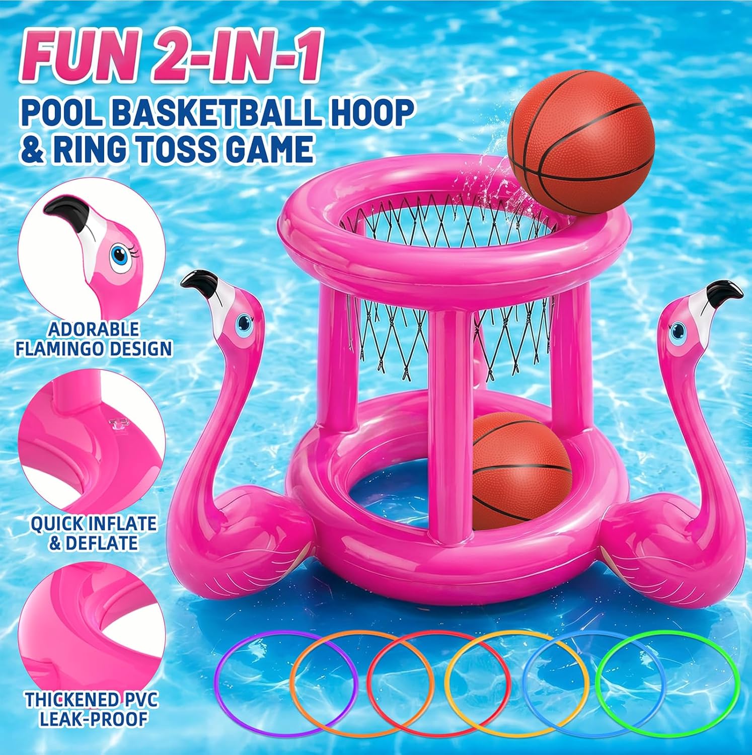 Pool Toys Pool Floats Pool Games for Kids Adult, Inflatable Pool Basketball Hoop & Ring Toss Game, 2-in-1 Pool Floating Outdoor Party Water Toy for Adults Family Kids Ages 4-8-12 (Pink-1)