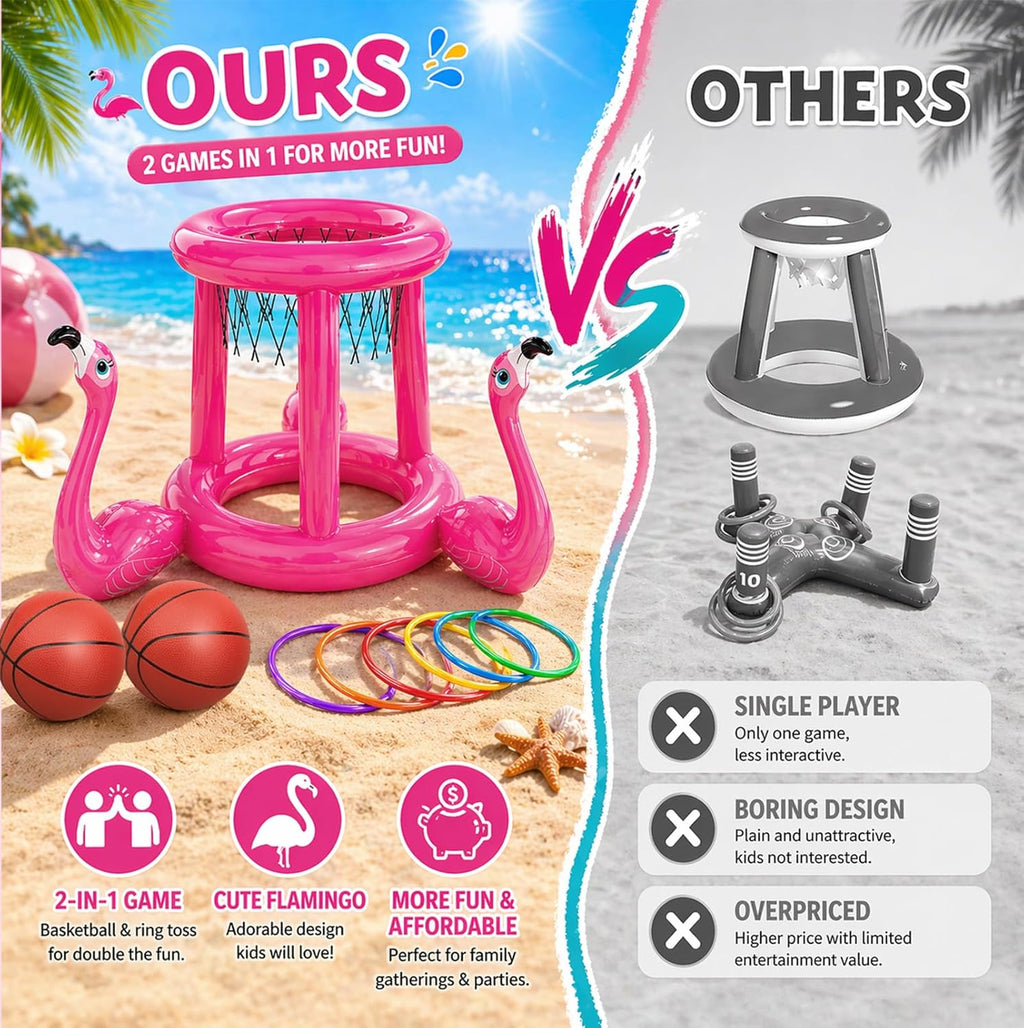 Pool Toys Pool Floats Pool Games for Kids Adult, Inflatable Pool Basketball Hoop & Ring Toss Game, 2-in-1 Pool Floating Outdoor Party Water Toy for Adults Family Kids Ages 4-8-12 (Pink-1)