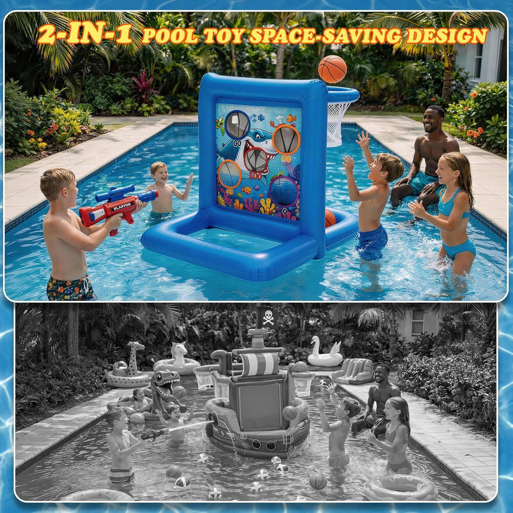 Pool Toys Games for Kids&Adults, 2-in-1 Pool Basketball Hoop with Shooting Target Game & with 2 Blasters, 40 Foam Balls, 4 Basketballs, Summer Outdoor Water Toys, Pool Party Lawn Backyard Games-Blue