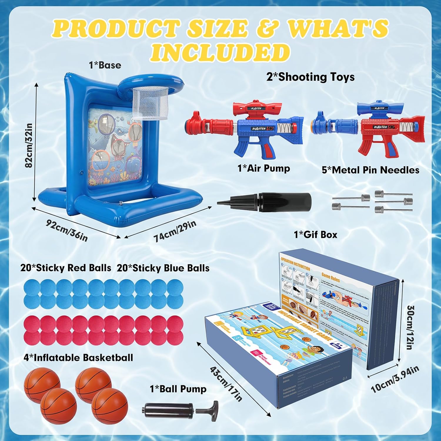 Pool Toys Games for Kids&Adults, 2-in-1 Pool Basketball Hoop with Shooting Target Game & with 2 Blasters, 40 Foam Balls, 4 Basketballs, Summer Outdoor Water Toys, Pool Party Lawn Backyard Games-Blue