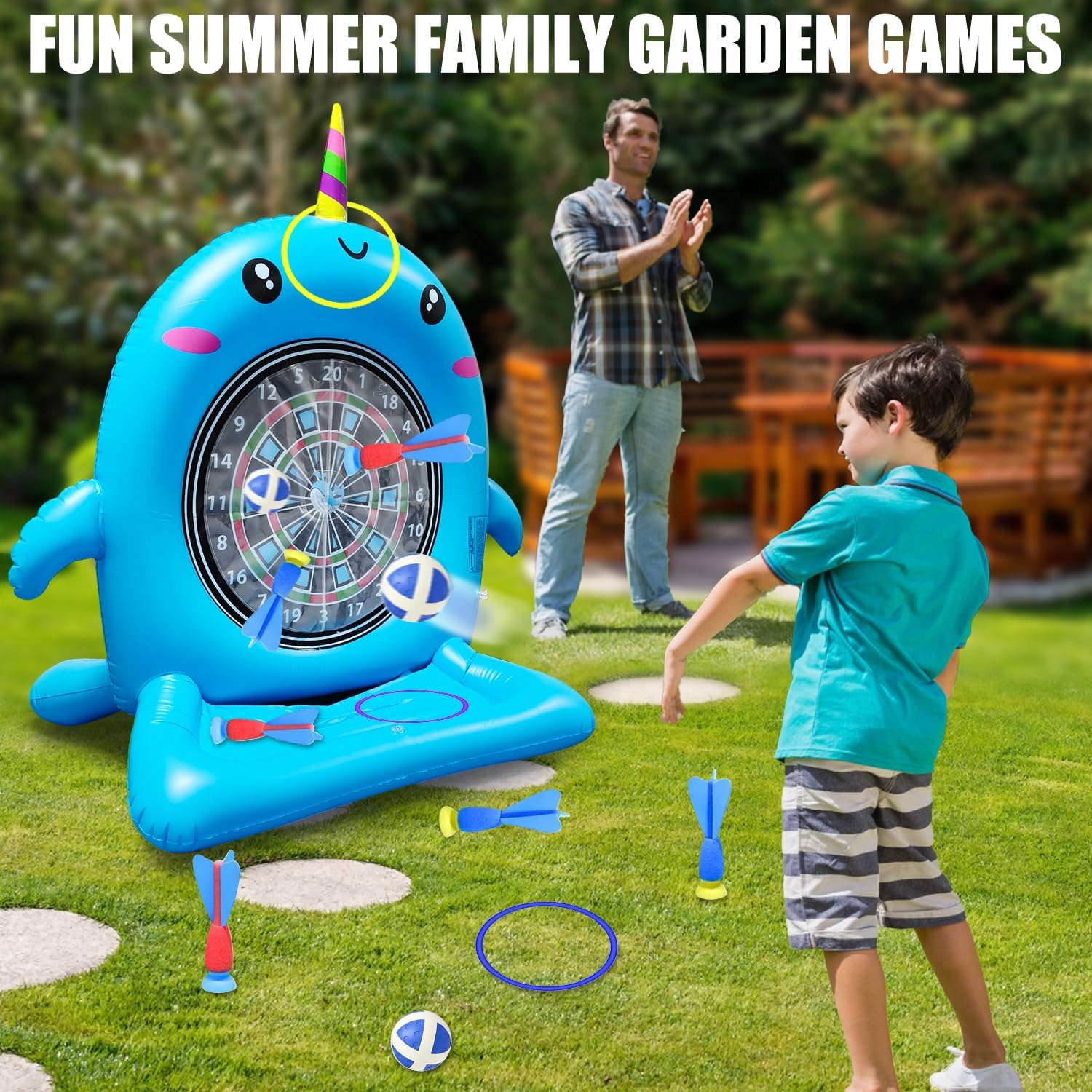 Dollox Kids Swimming Pool Toys - 45" Large Inflatable Floating Dart Board Water Game, Cute Dolphin Inflatable Toys for Indoor & Outdoor Play, Fun Summer Family Party Gift for 3+ Years Old