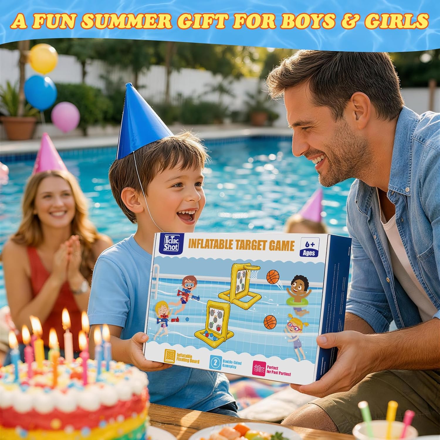 Pool Toys Games for Kids&Adults, 2-in-1 Pool Basketball Hoop with Shooting Target Game & with 2 Blasters, 40 Foam Balls, 4 Basketballs, Summer Outdoor Water Toys, Pool Party Lawn Backyard Games-Blue