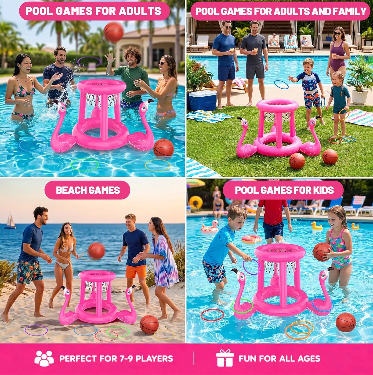 Pool Toys Pool Floats Pool Games for Kids Adult, Inflatable Pool Basketball Hoop & Ring Toss Game, 2-in-1 Pool Floating Outdoor Party Water Toy for Adults Family Kids Ages 4-8-12 (Pink-1)