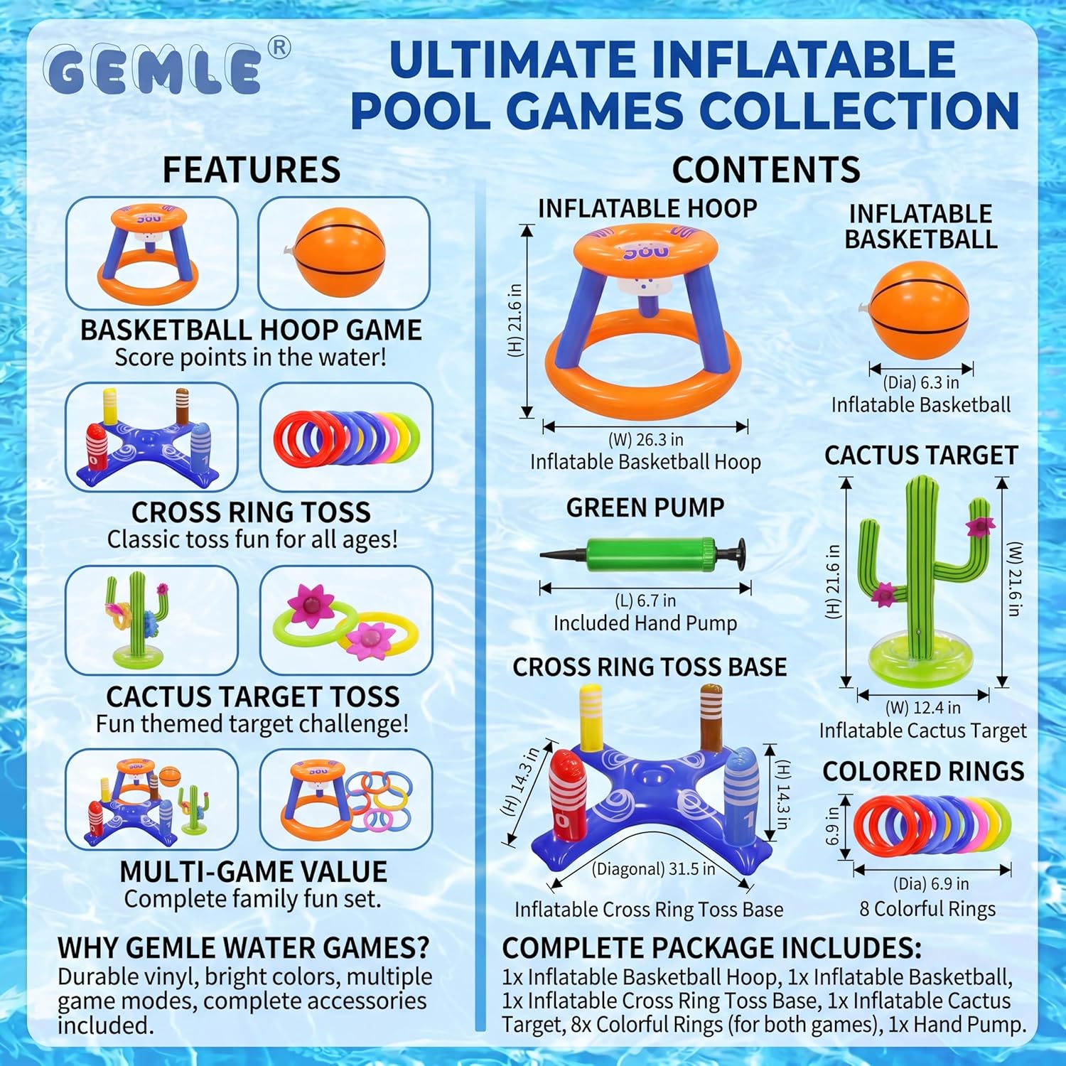 Pool Toys Games Set,Pool Basketball Hoop Inflatable Cross Ring Toss Game and Inflatable Cactus Kids for Teens Adults and Family (3 Set Water Toys)