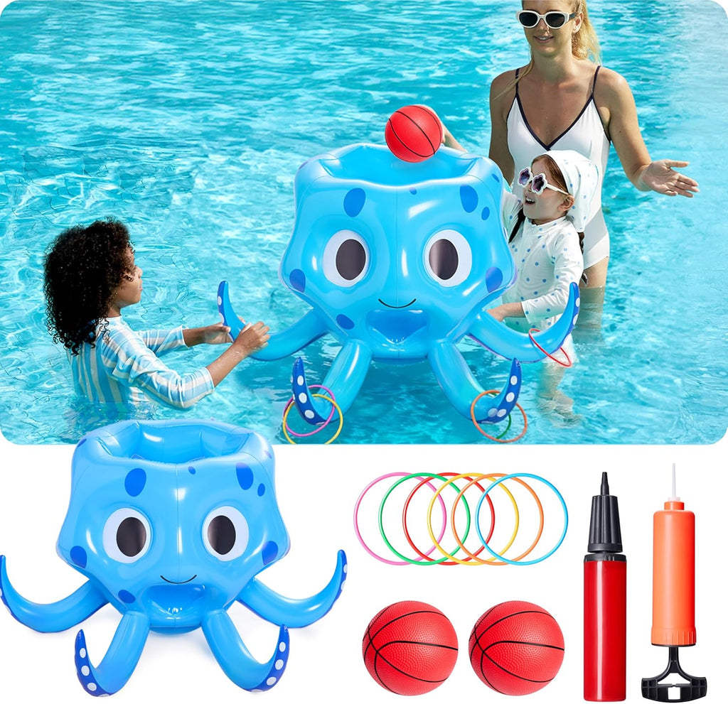 Sloosh Pool Toys, 2-in-1 Inflatable Float Water Game, Octopus Basketball Hoop Ring Toss Outdoor Swim Play, Toss Game Floating Swimming Pool Games for Kids Adults