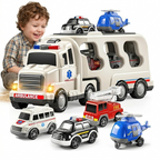 Emergency Rescue Vehicle Toddler Truck Toys 7in1 Friction Power Cars Helicopter Police Car Fire Truck Ambulance Cars Gifts for Kids Age 3+