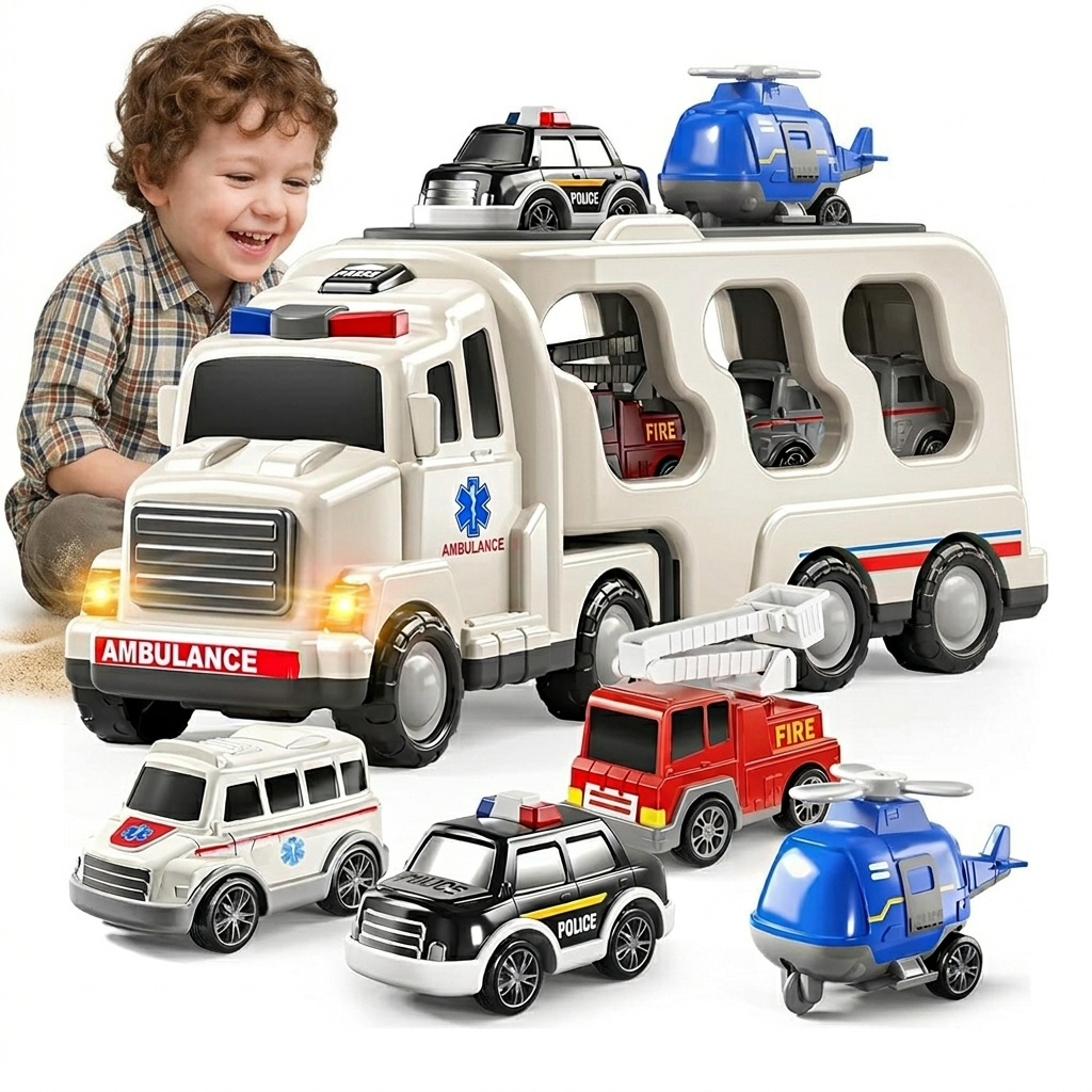 Emergency Rescue Vehicle Toddler Truck Toys 7in1 Friction Power Cars Helicopter Police Car Fire Truck Ambulance Cars Gifts for Kids Age 3+