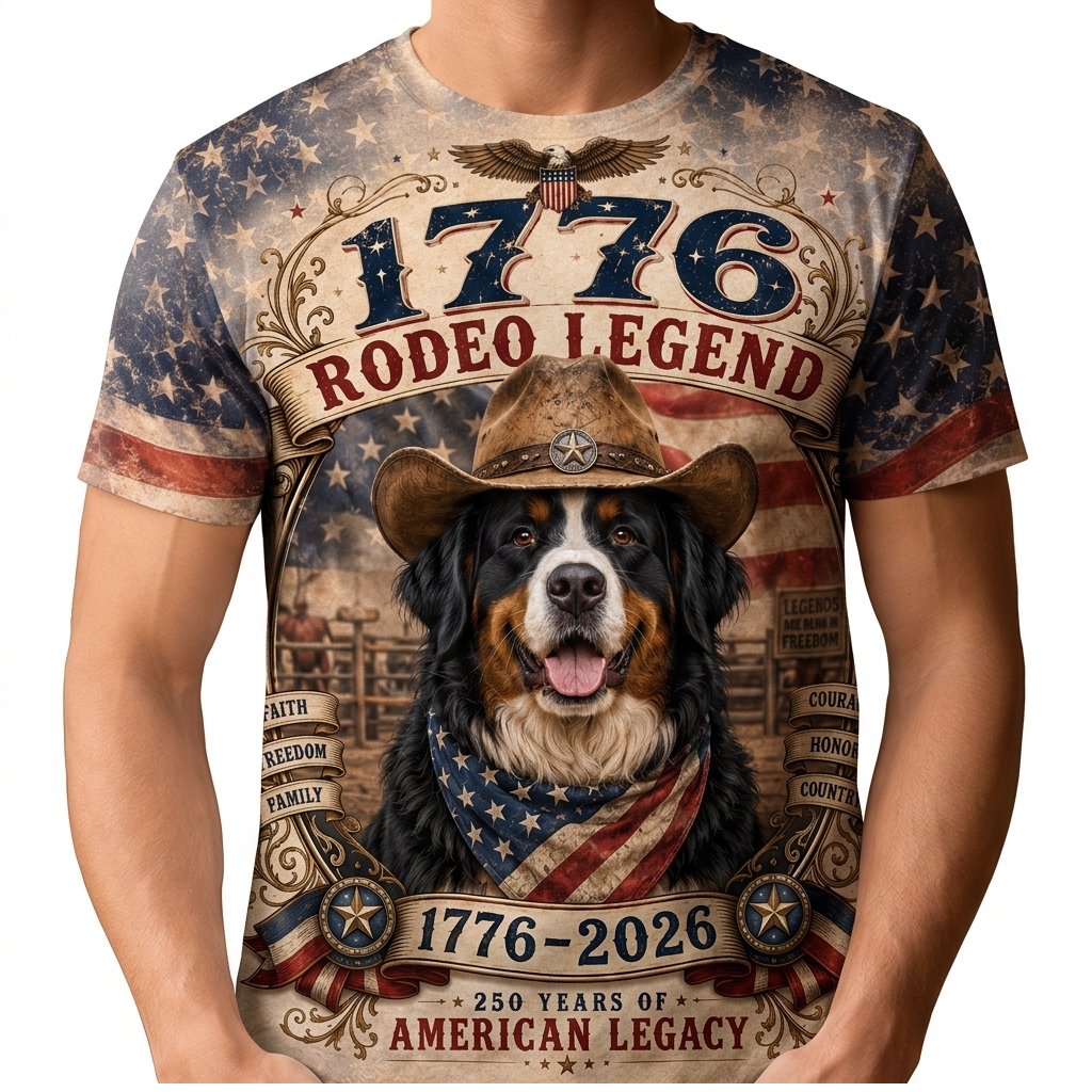 Vintage Rodeo Dog American Flag T-Shirt - 250th Anniversary Patriotic Graphic Tee