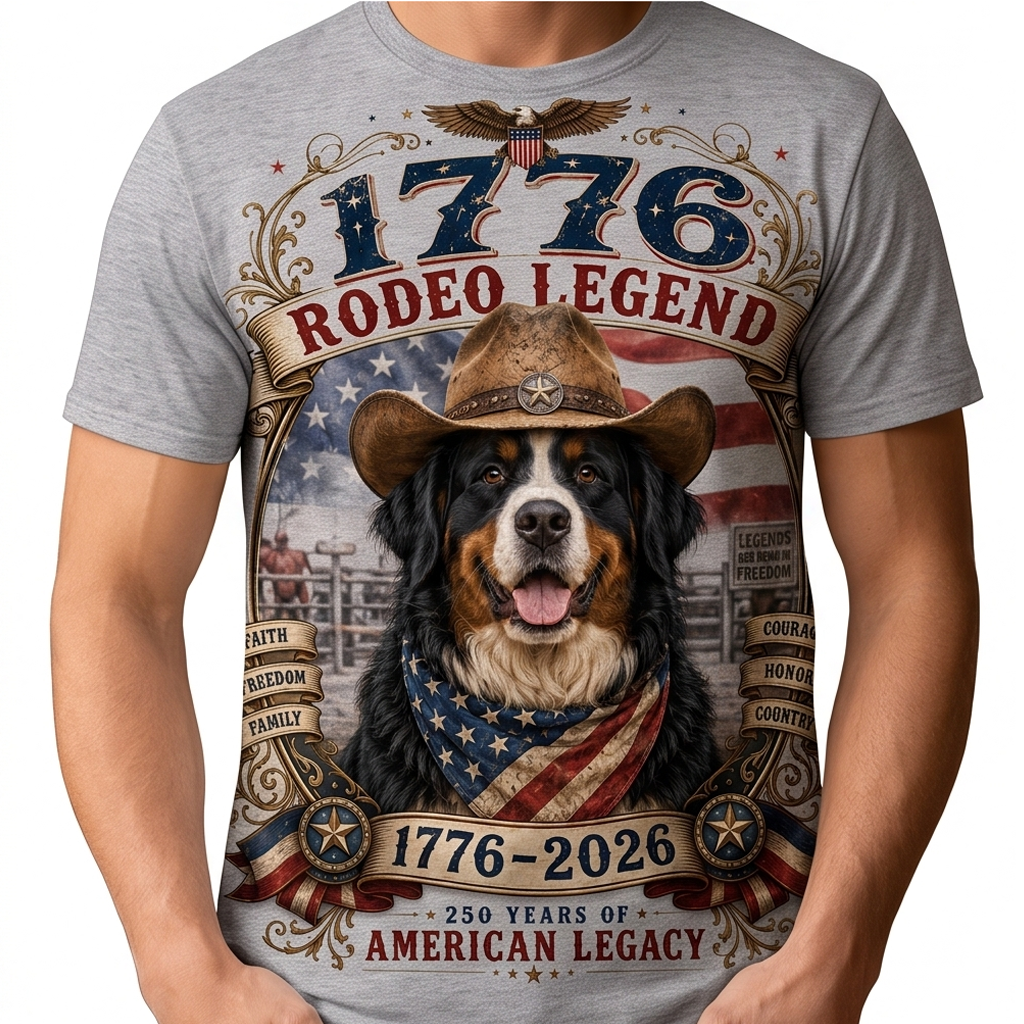 Vintage Rodeo Dog American Flag T-Shirt - 250th Anniversary Patriotic Graphic Tee