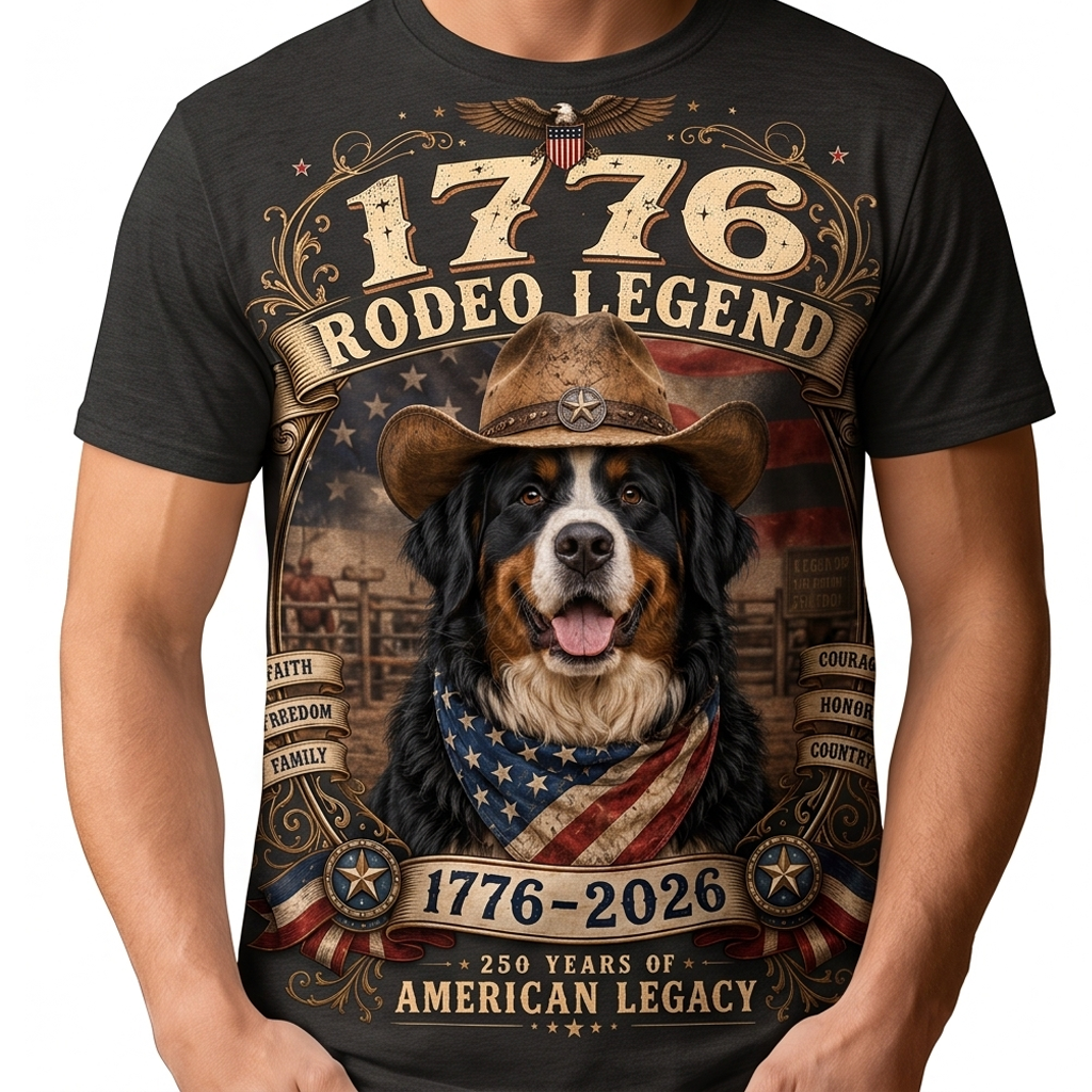 Vintage Rodeo Dog American Flag T-Shirt - 250th Anniversary Patriotic Graphic Tee