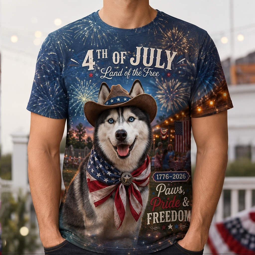 Vintage Festive Husky American Flag T-Shirt - 250th Anniversary Patriotic Graphic Tee