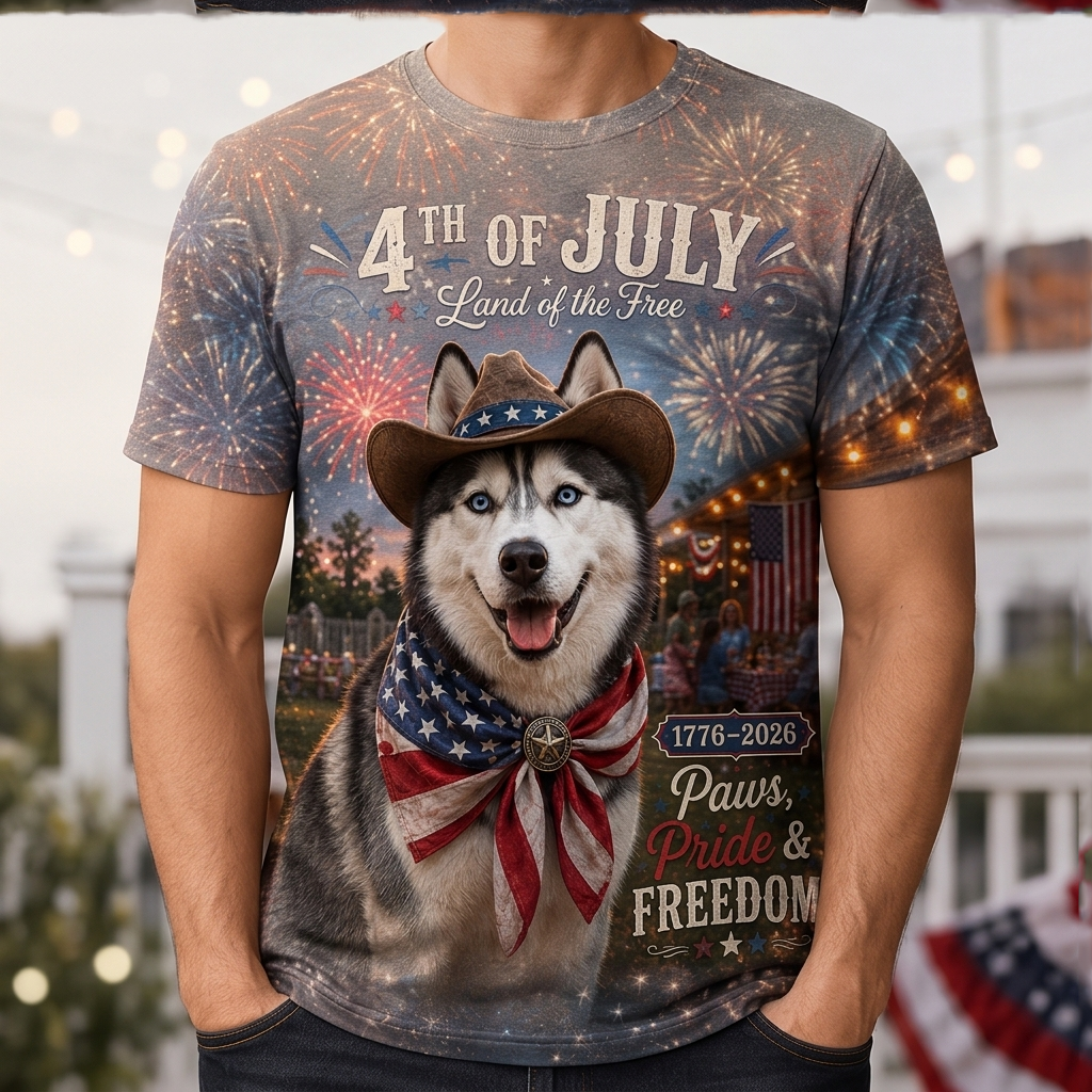 Vintage Festive Husky American Flag T-Shirt - 250th Anniversary Patriotic Graphic Tee