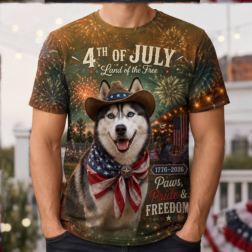 Vintage Festive Husky American Flag T-Shirt - 250th Anniversary Patriotic Graphic Tee