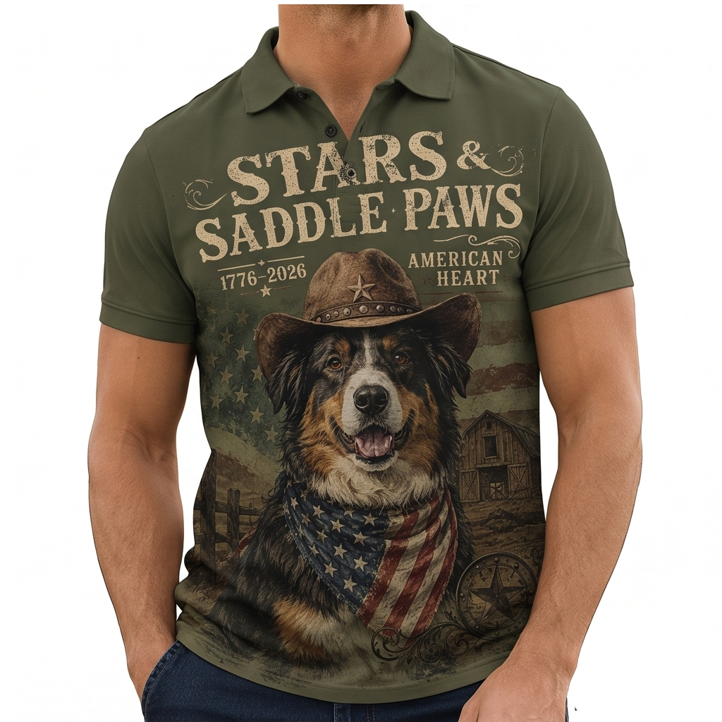 Stars & Saddle Paws Graphic Polo