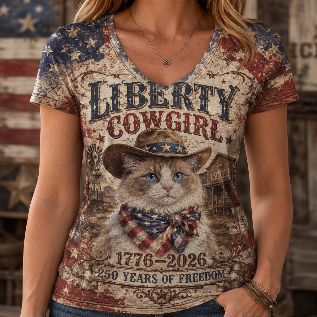 Liberty Cowgirl Retro Cat Graphic V-Neck Tee - Vintage Patriotic Western T-Shirt