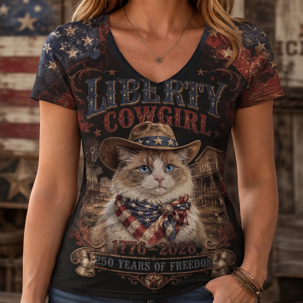 Liberty Cowgirl Retro Cat Graphic V-Neck Tee - Vintage Patriotic Western T-Shirt