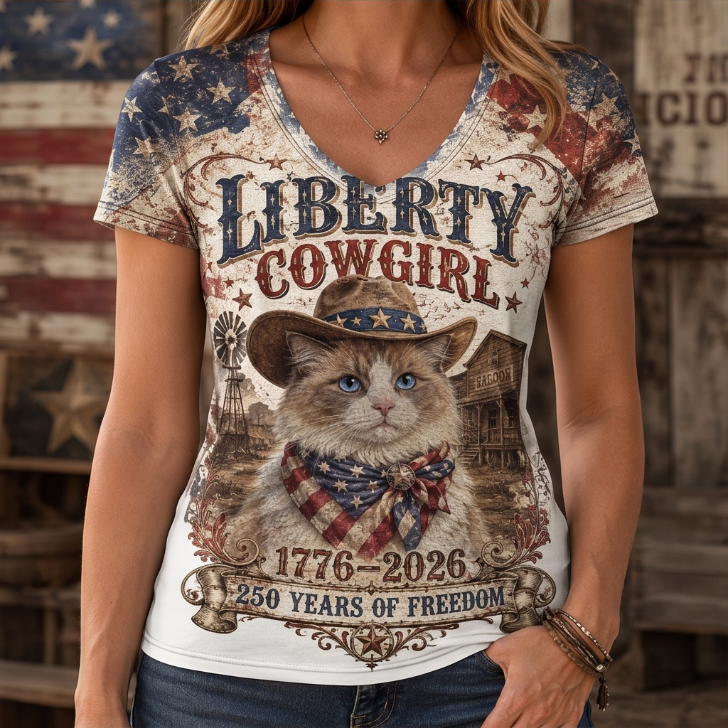 Liberty Cowgirl Retro Cat Graphic V-Neck Tee - Vintage Patriotic Western T-Shirt