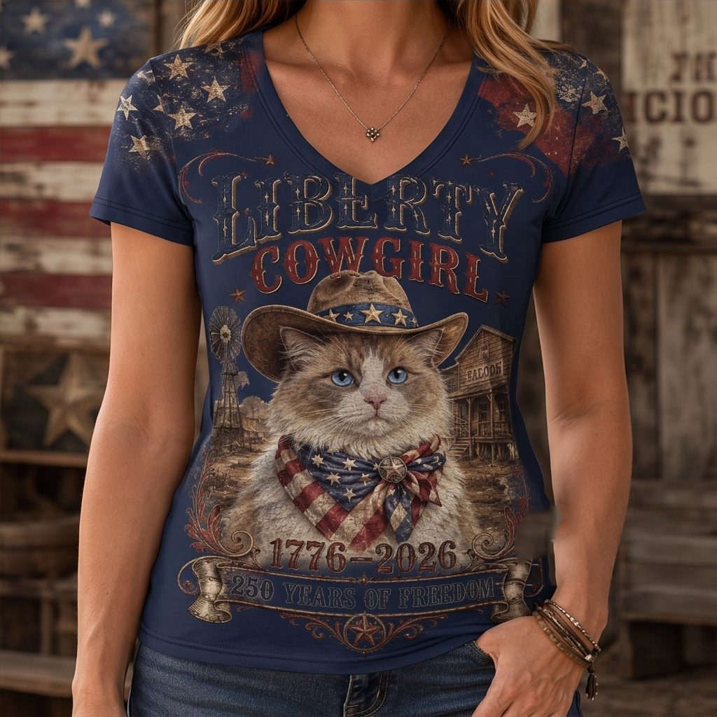 Liberty Cowgirl Retro Cat Graphic V-Neck Tee - Vintage Patriotic Western T-Shirt