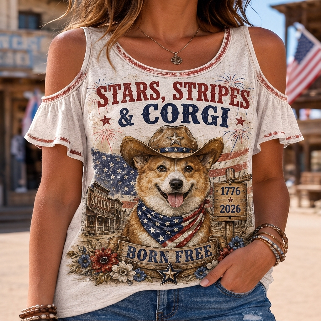 Stars, Stripes & Corgi Patriotic Cold-Shoulder Ruffle Top - Born Free Cute Dog Graphic Shirt