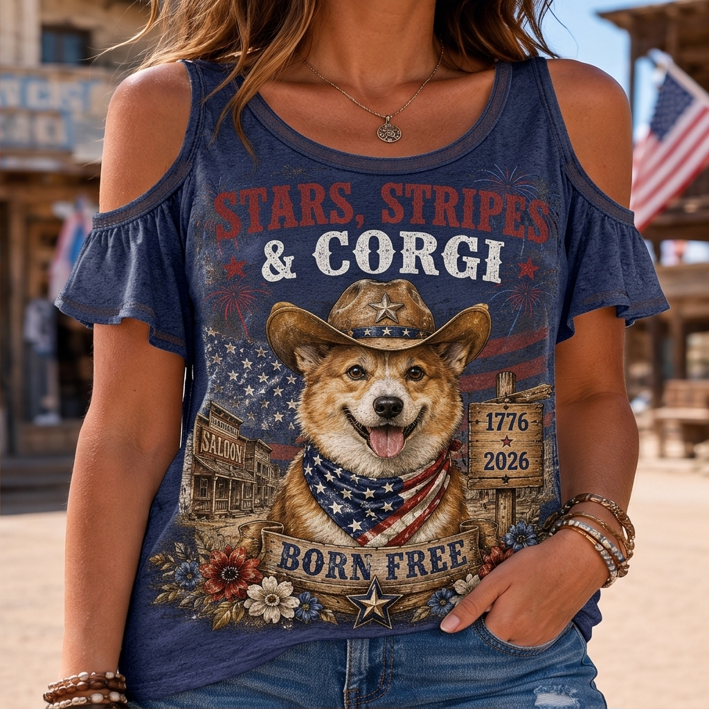 Stars, Stripes & Corgi Patriotic Cold-Shoulder Ruffle Top - Born Free Cute Dog Graphic Shirt