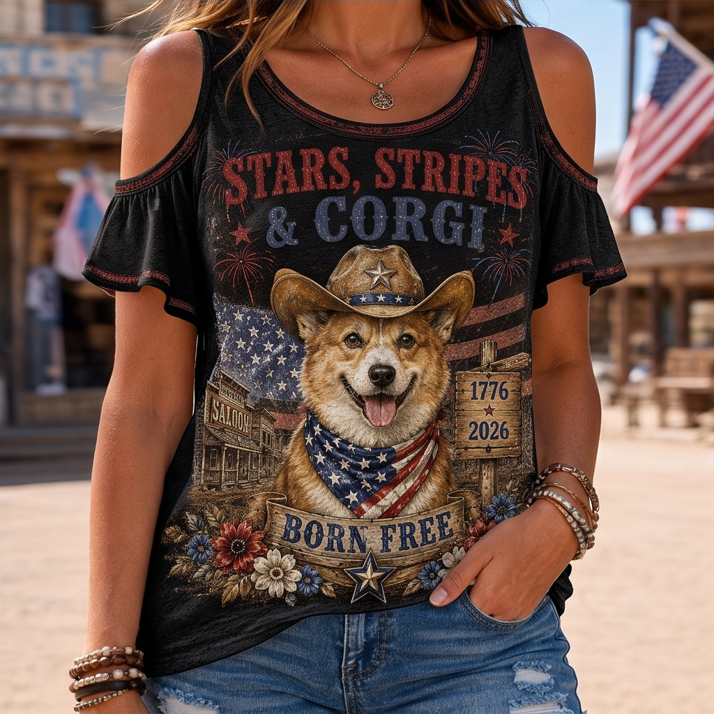 Stars, Stripes & Corgi Patriotic Cold-Shoulder Ruffle Top - Born Free Cute Dog Graphic Shirt