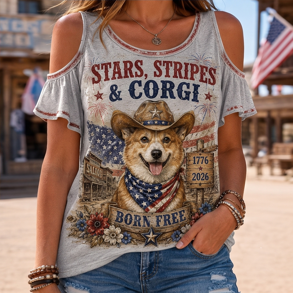 Stars, Stripes & Corgi Patriotic Cold-Shoulder Ruffle Top - Born Free Cute Dog Graphic Shirt