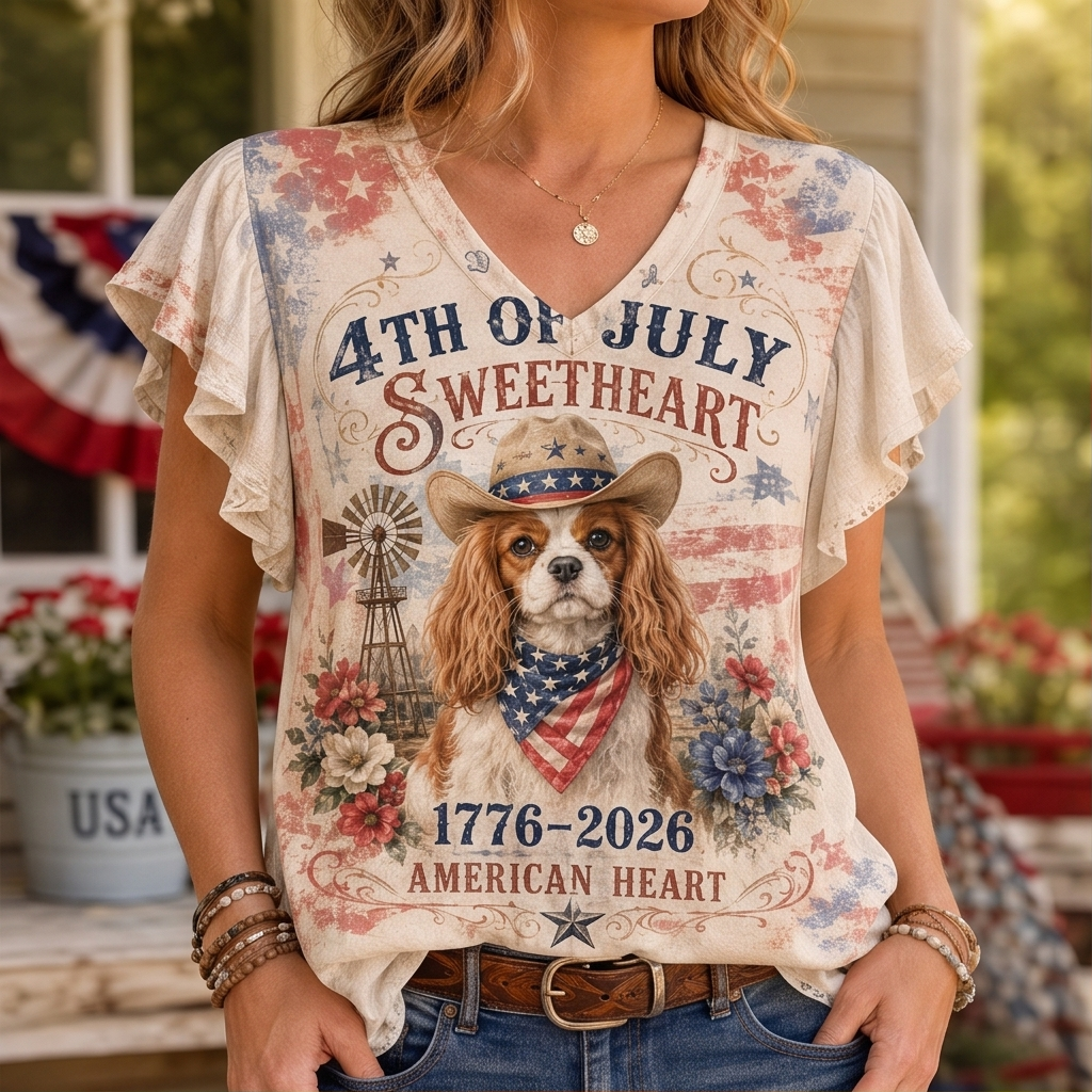 Vintage 4th of July Sweetheart Cavalier Cowboy Flutter Sleeve Top