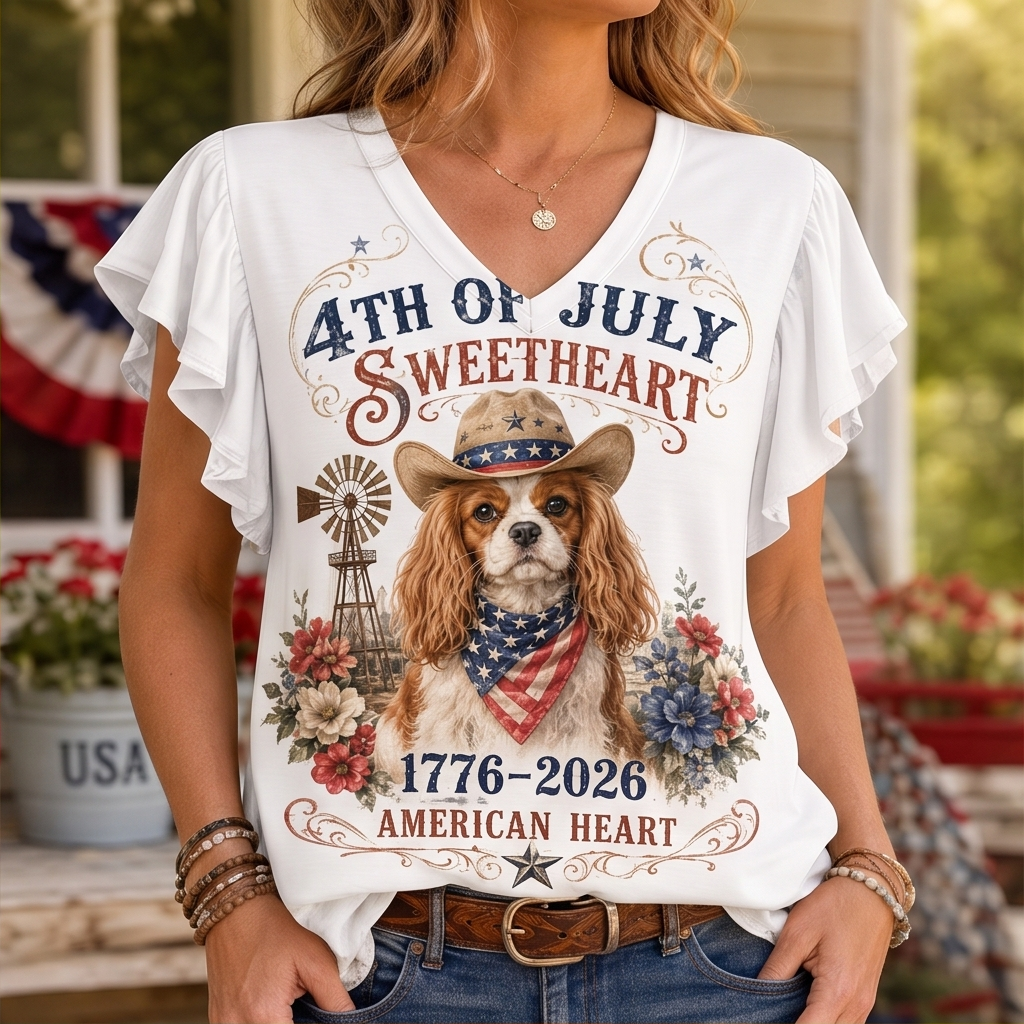 Vintage 4th of July Sweetheart Cavalier Cowboy Flutter Sleeve Top