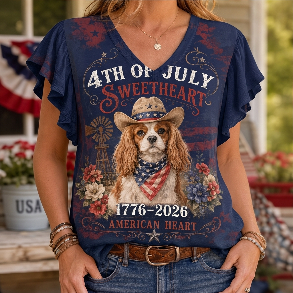 Vintage 4th of July Sweetheart Cavalier Cowboy Flutter Sleeve Top