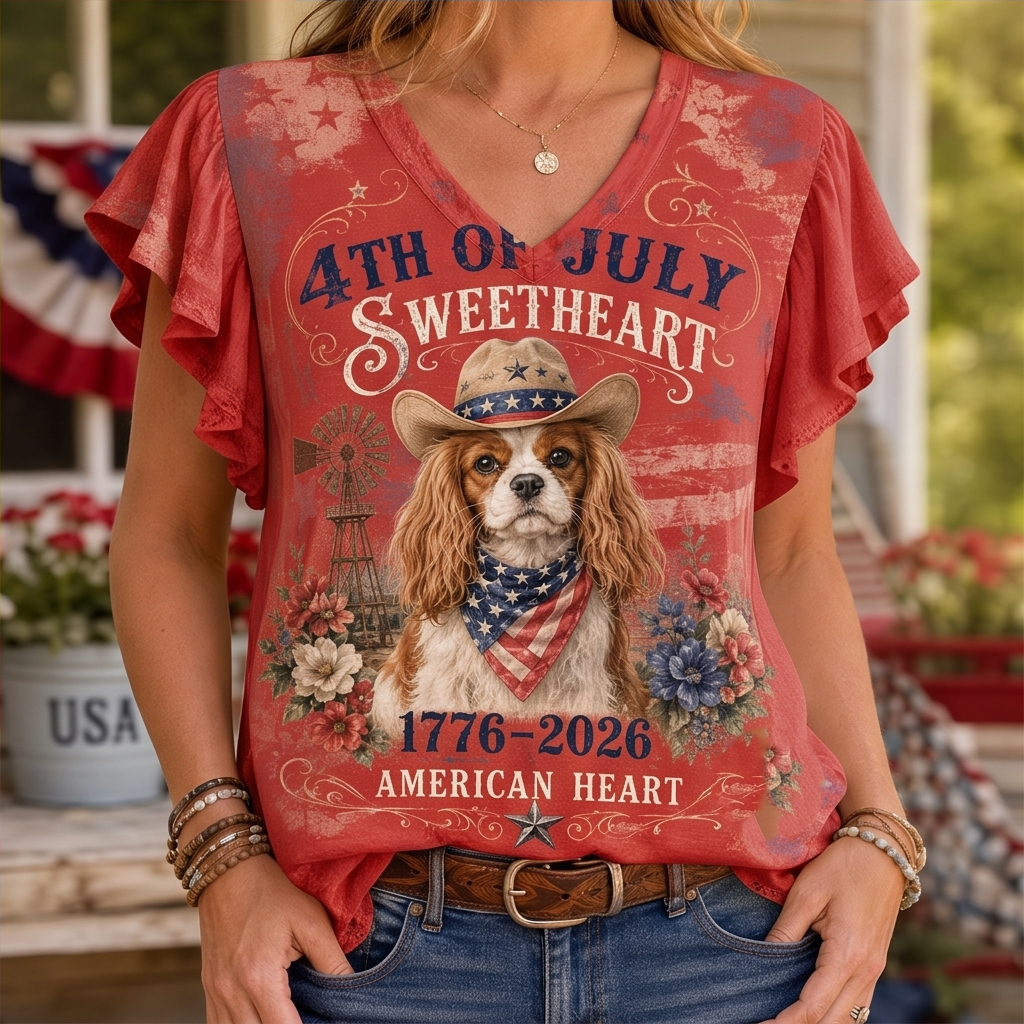 Vintage 4th of July Sweetheart Cavalier Cowboy Flutter Sleeve Top