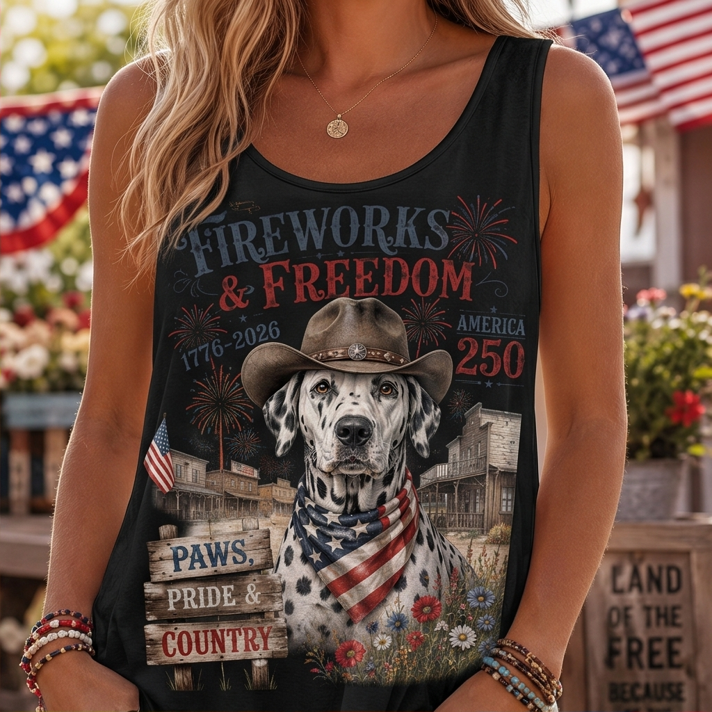Fireworks & Freedom Dalmatian Cowboy Patriotic Tank Top