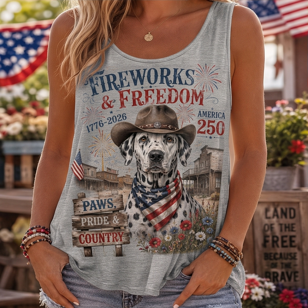 Fireworks & Freedom Dalmatian Cowboy Patriotic Tank Top