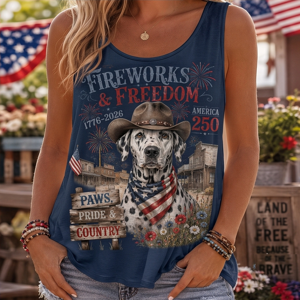 Fireworks & Freedom Dalmatian Cowboy Patriotic Tank Top