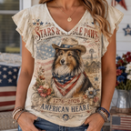 Stars & Saddle Paws Sheltie Cowboy Ruffle Sleeve Tee