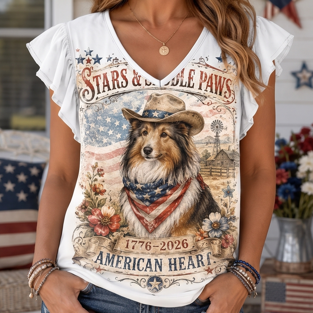 Stars & Saddle Paws Sheltie Cowboy Ruffle Sleeve Tee