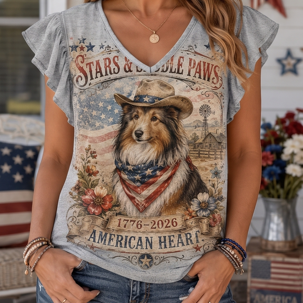 Stars & Saddle Paws Sheltie Cowboy Ruffle Sleeve Tee