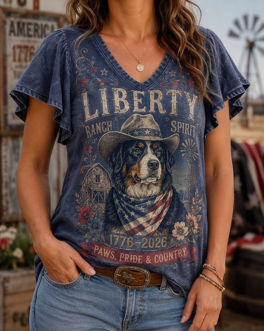 Liberty Ranch Spirit Bernese Mountain Dog Acid Wash Flutter Sleeve Top
