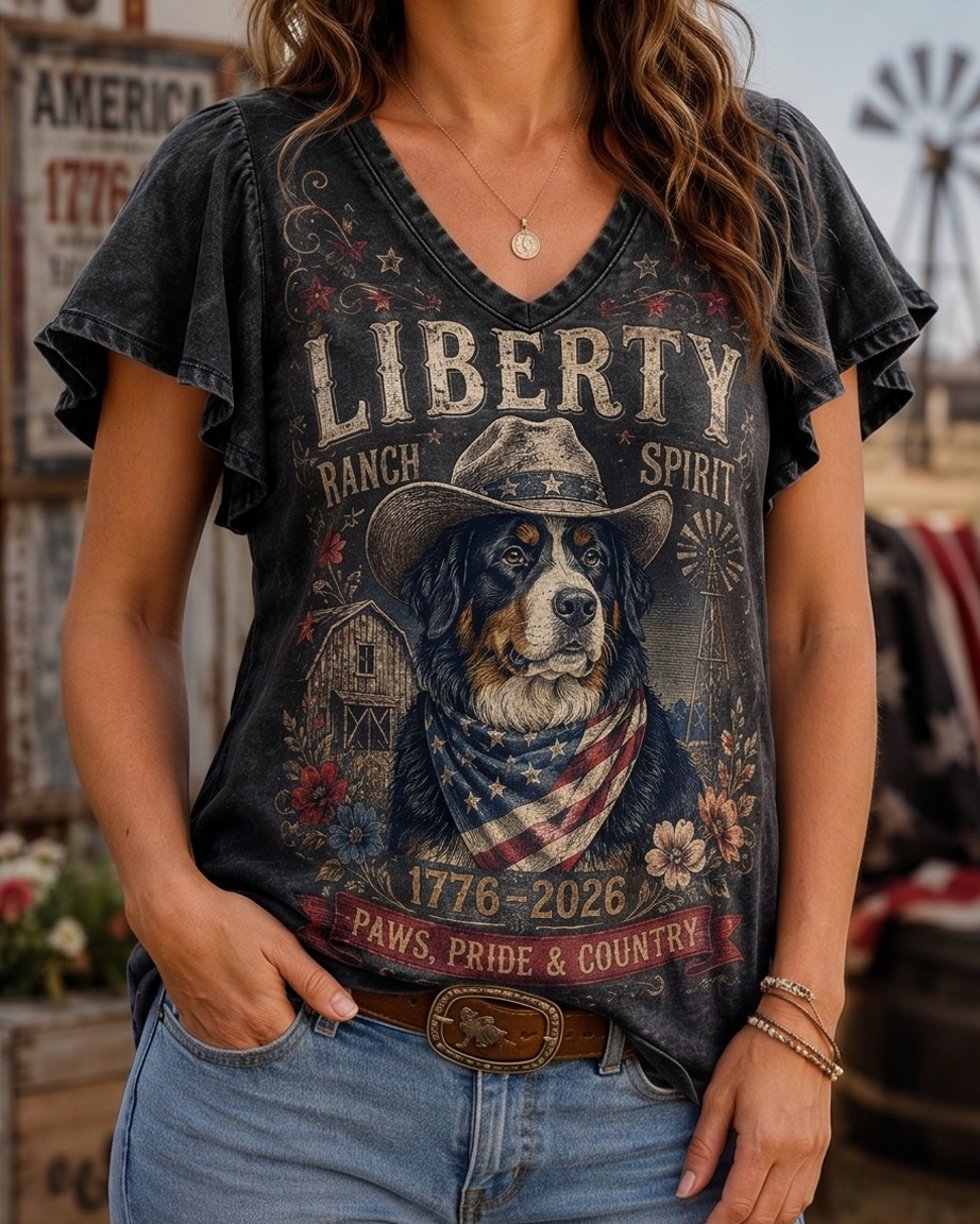 Liberty Ranch Spirit Bernese Mountain Dog Acid Wash Flutter Sleeve Top