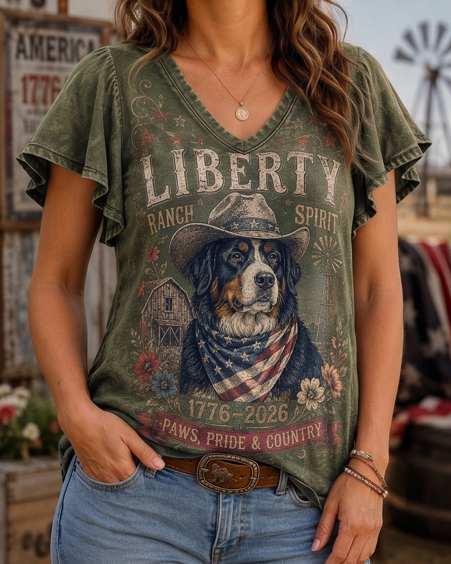 Liberty Ranch Spirit Bernese Mountain Dog Acid Wash Flutter Sleeve Top