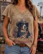 Liberty Ranch Spirit Bernese Mountain Dog Acid Wash Flutter Sleeve Top