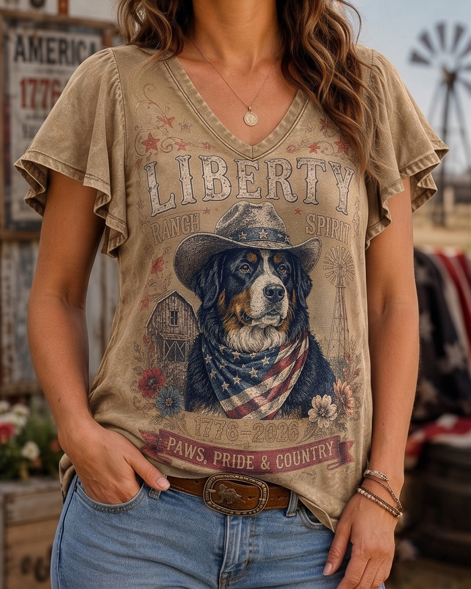 Liberty Ranch Spirit Bernese Mountain Dog Acid Wash Flutter Sleeve Top
