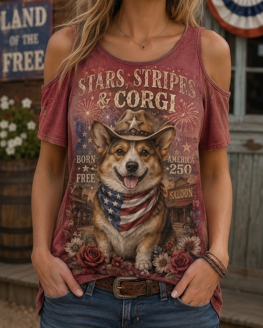 Stars, Stripes & Corgi Western Cowboy Cold Shoulder Tee