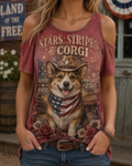 Stars, Stripes & Corgi Western Cowboy Cold Shoulder Tee