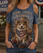 Stars, Stripes & Corgi Western Cowboy Cold Shoulder Tee